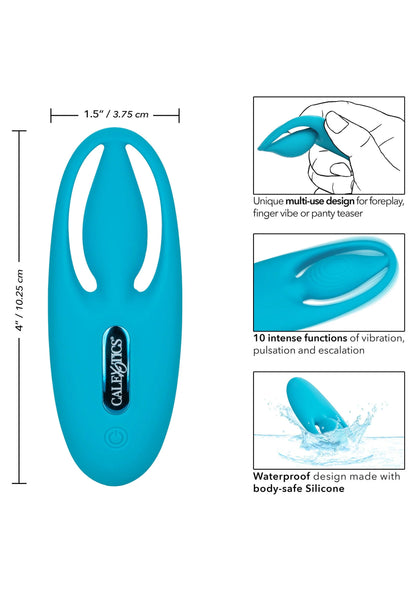 Teal vibrerend seksspeeltje met ovale opening en maatindicatie.