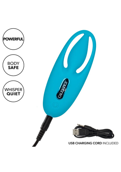Teal vibrerend seksspeeltje met ovale opening en USB-laadkabel inbegrepen.