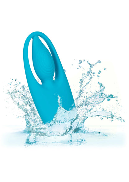 Teal vibrerend seksspeeltje met waterdruppels, ovale opening en afgeronde vorm.
