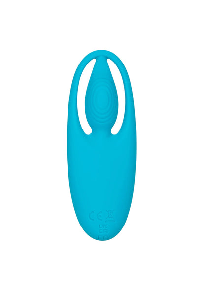 Turquoise CalExotics vibrator, achteraanzicht met lus boven en detailprint onderaan