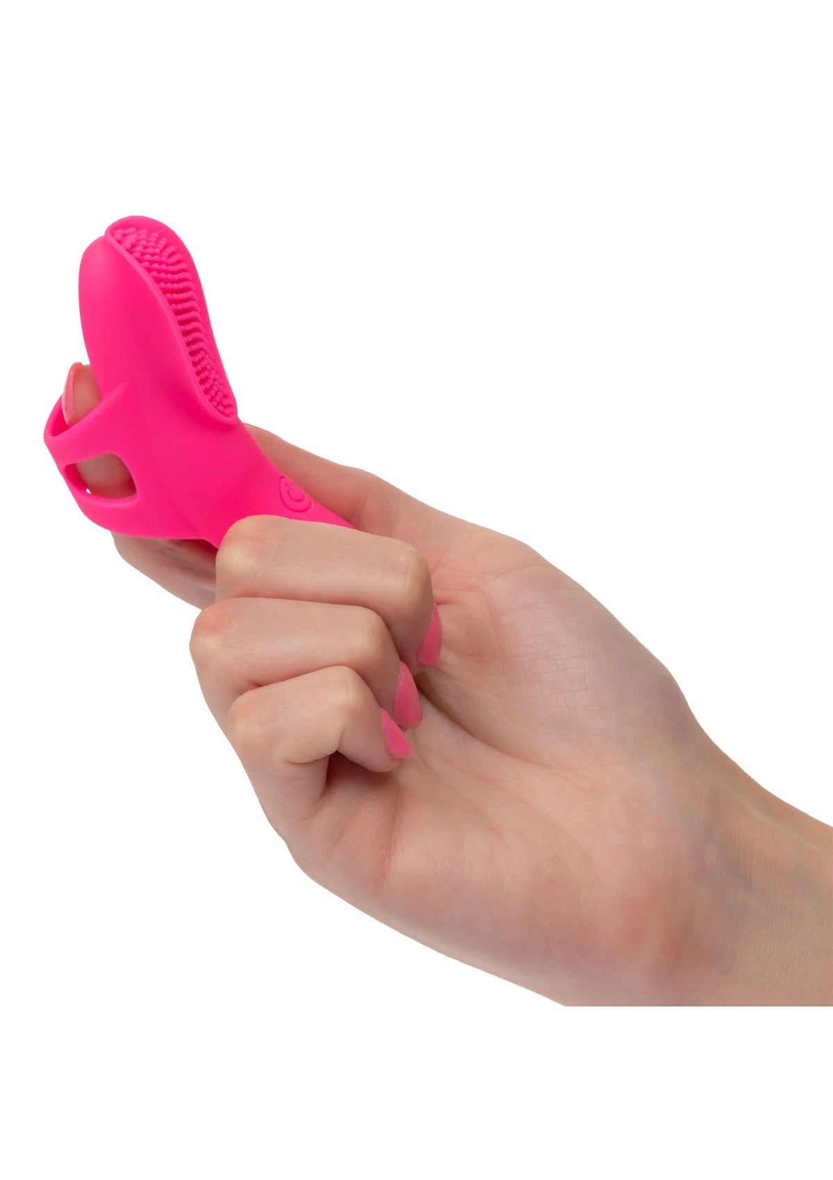 Roze siliconen vingertriller, gedragen om de vinger met ovale knopkop