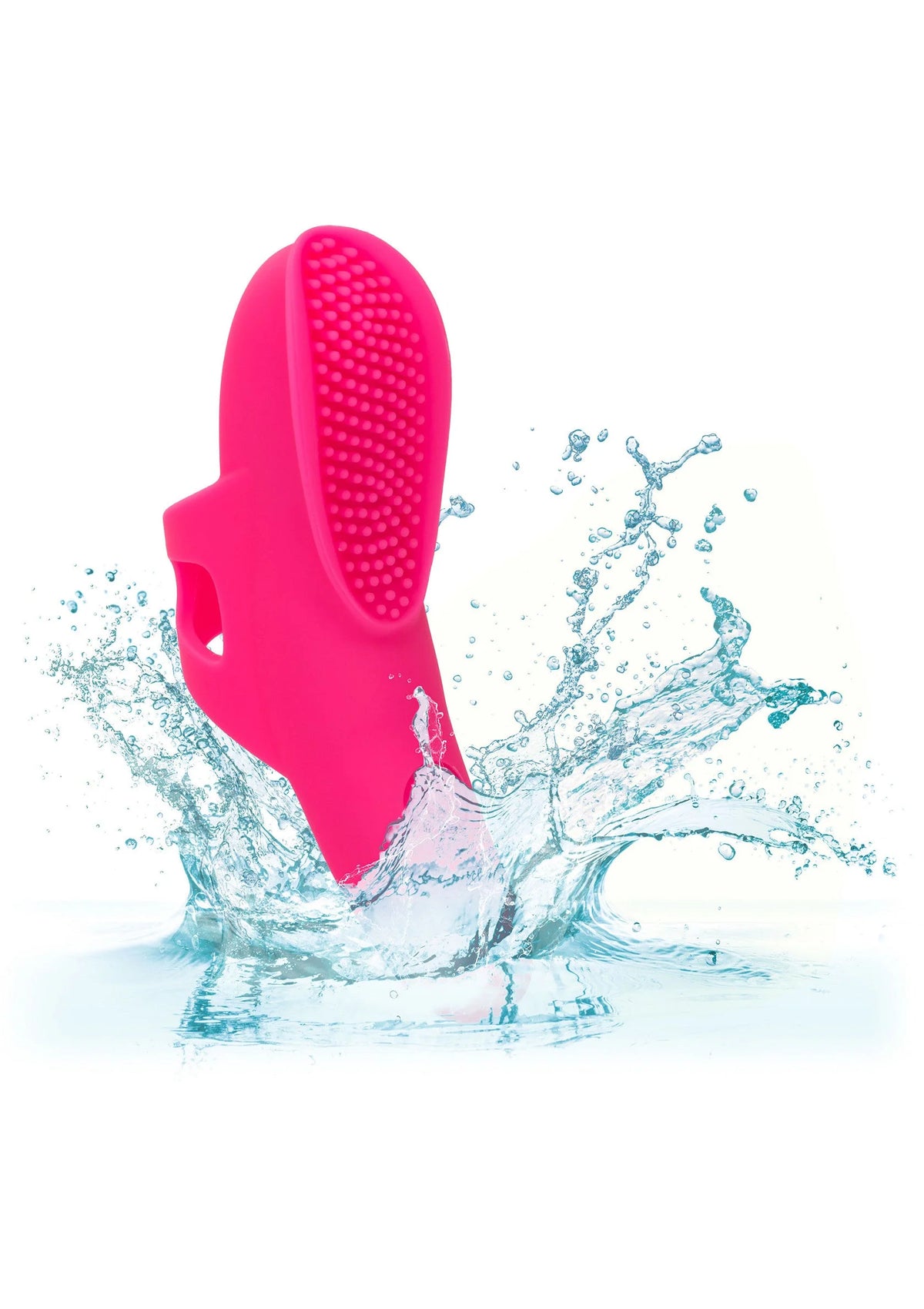 Roze siliconen vingertriller met knoppen, onder spetters en water