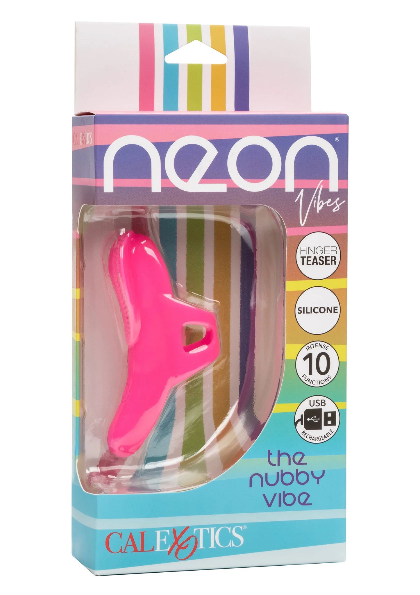 Verpakking van roze vingertriller set, CALExotics Neon Vibes, USB en silicone