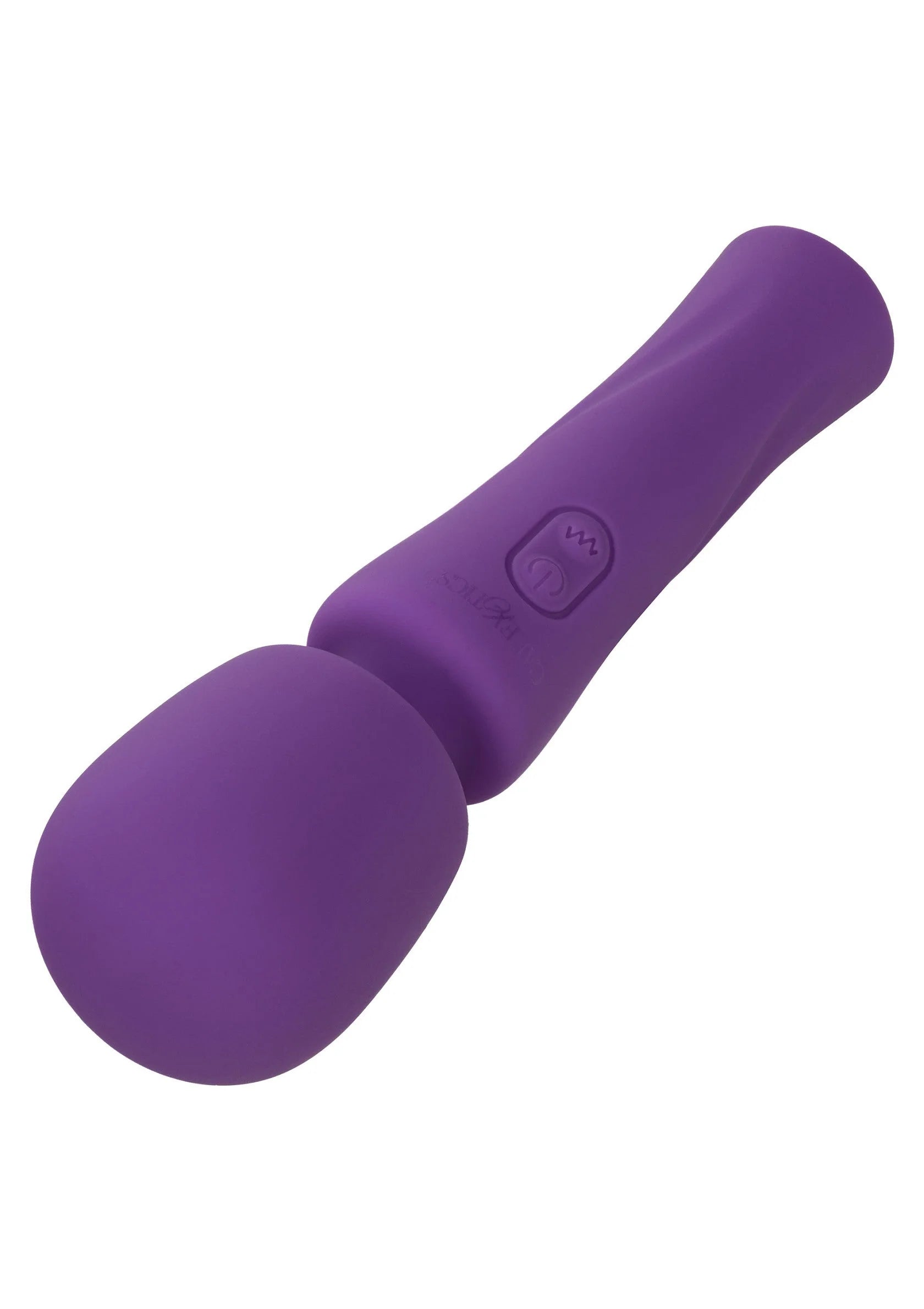 Paarse siliconen massager met ronde kop en ovale voet, close-up van knoppen