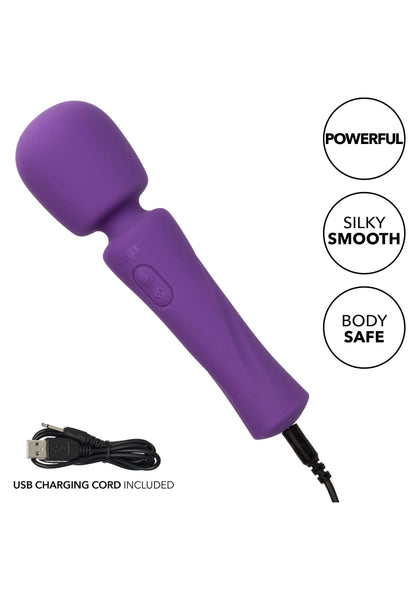 Paarse siliconen massager met ronde kop en USB-laadkabel