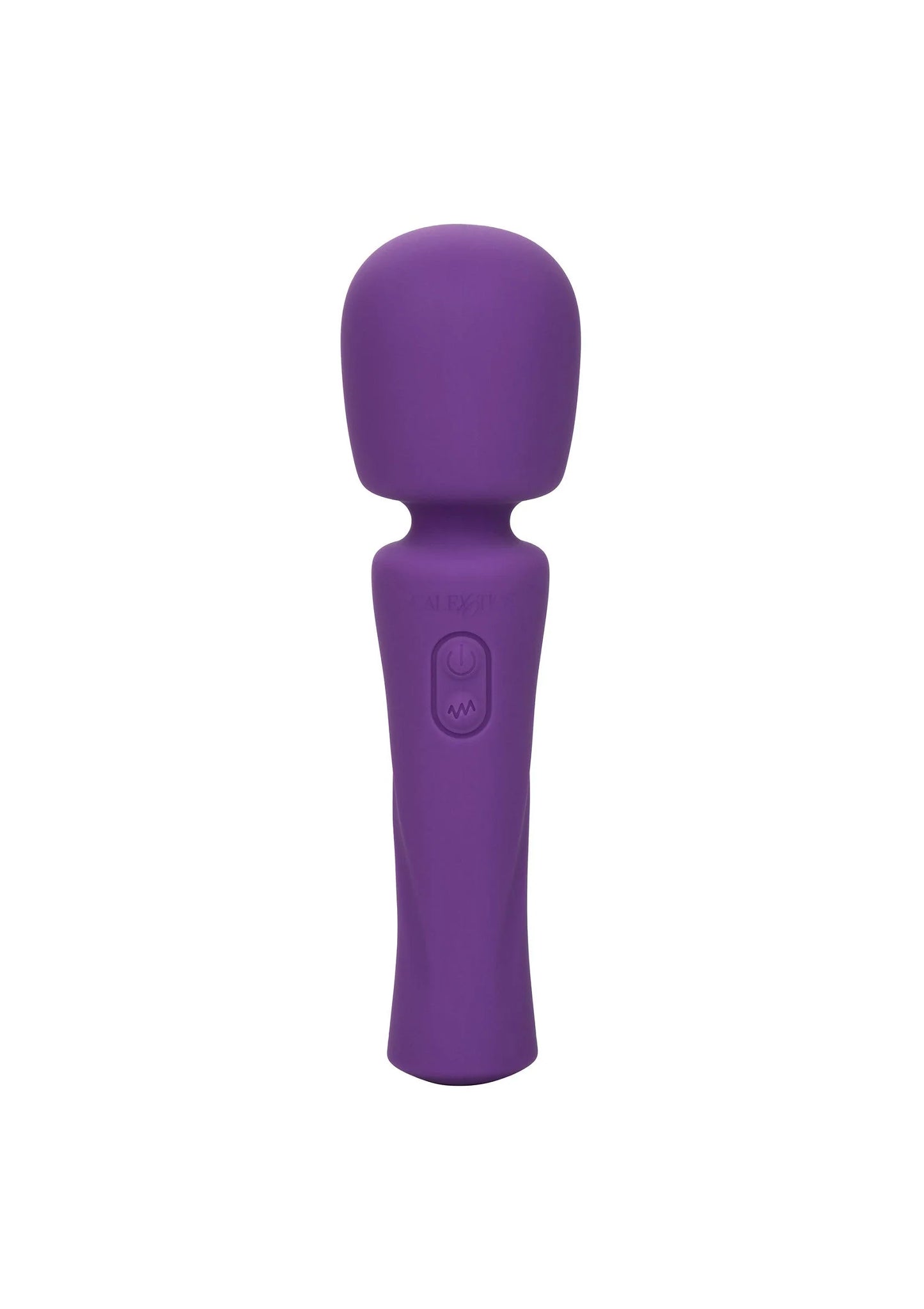 Paarse siliconen massager met dikke handgreep en afgeronde top, met bedieningsknop