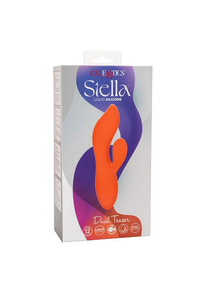 Verpakking van CalExotics Stella dual teaser van vloeibare siliconen, oranje/violet