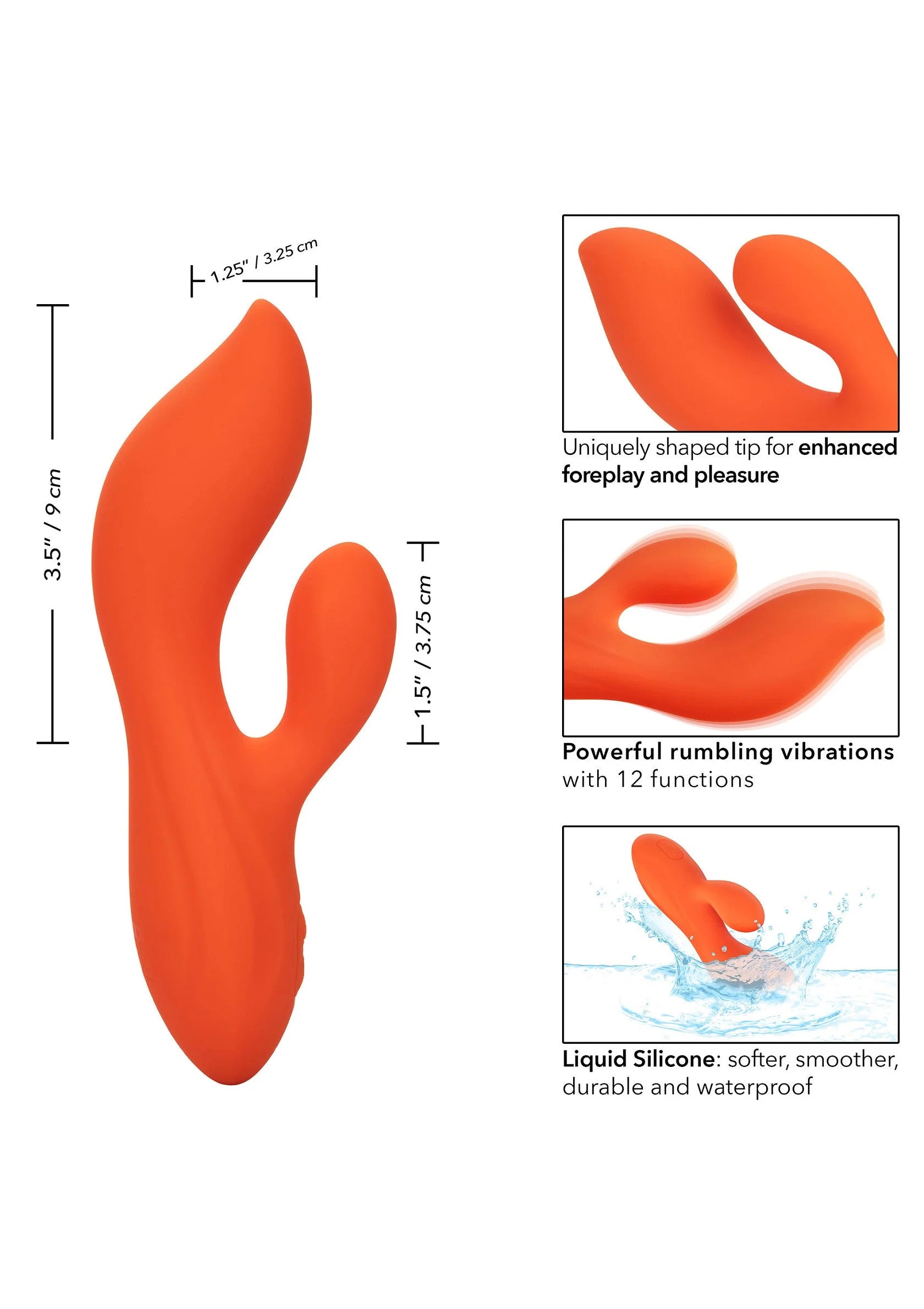 Oranje dual-teaser van vloeibare siliconen met afmetingen en 12 trillingsstanden