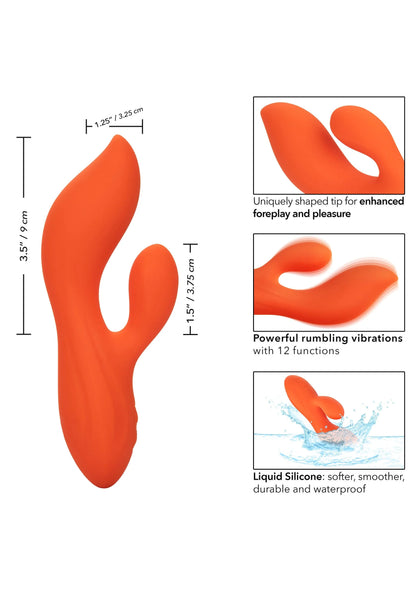 Oranje dual-teaser van vloeibare siliconen met afmetingen en 12 trillingsstanden