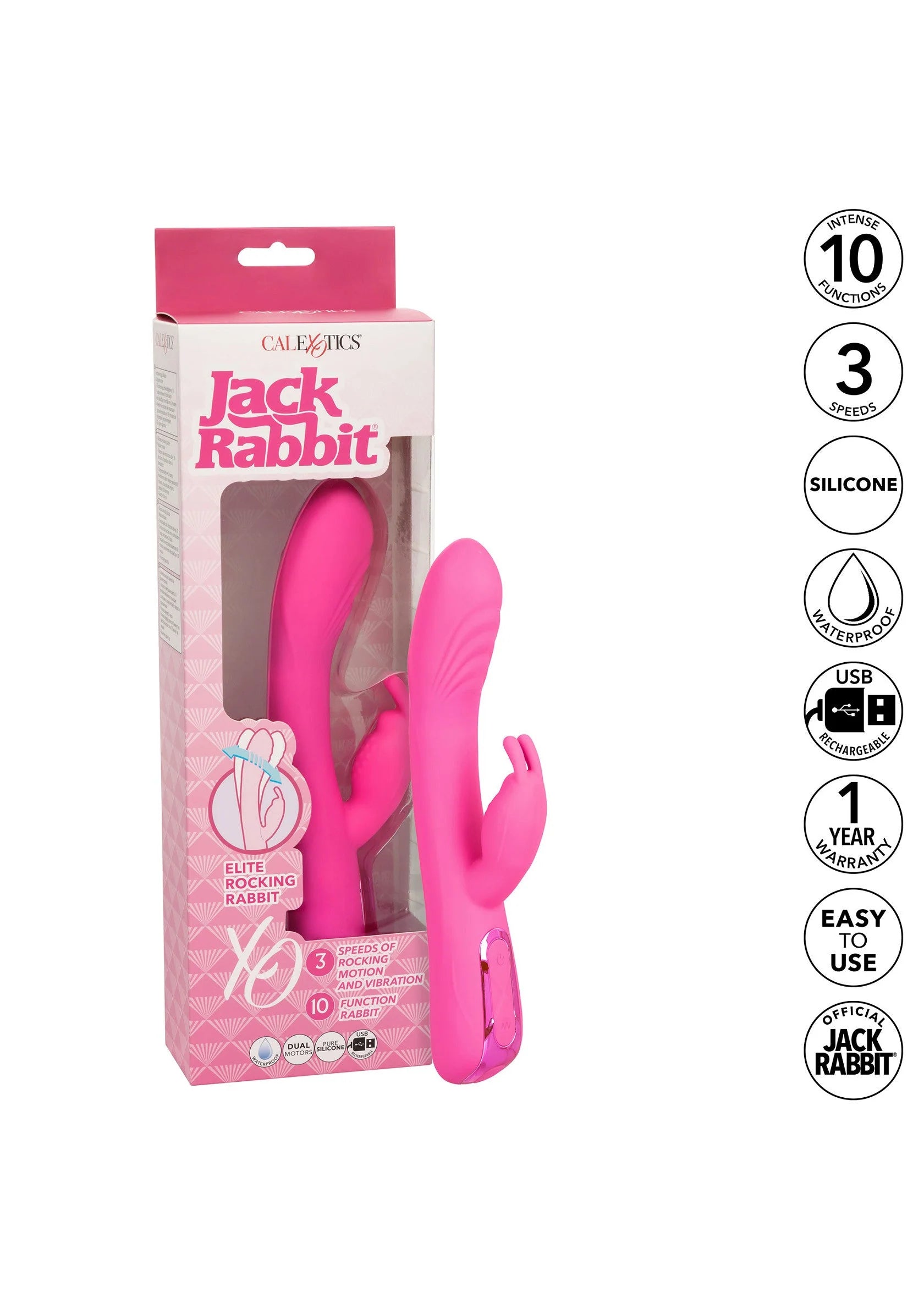Roze CalExotics Jack Rabbit Elite rocking rabbit verpakking met producticonen