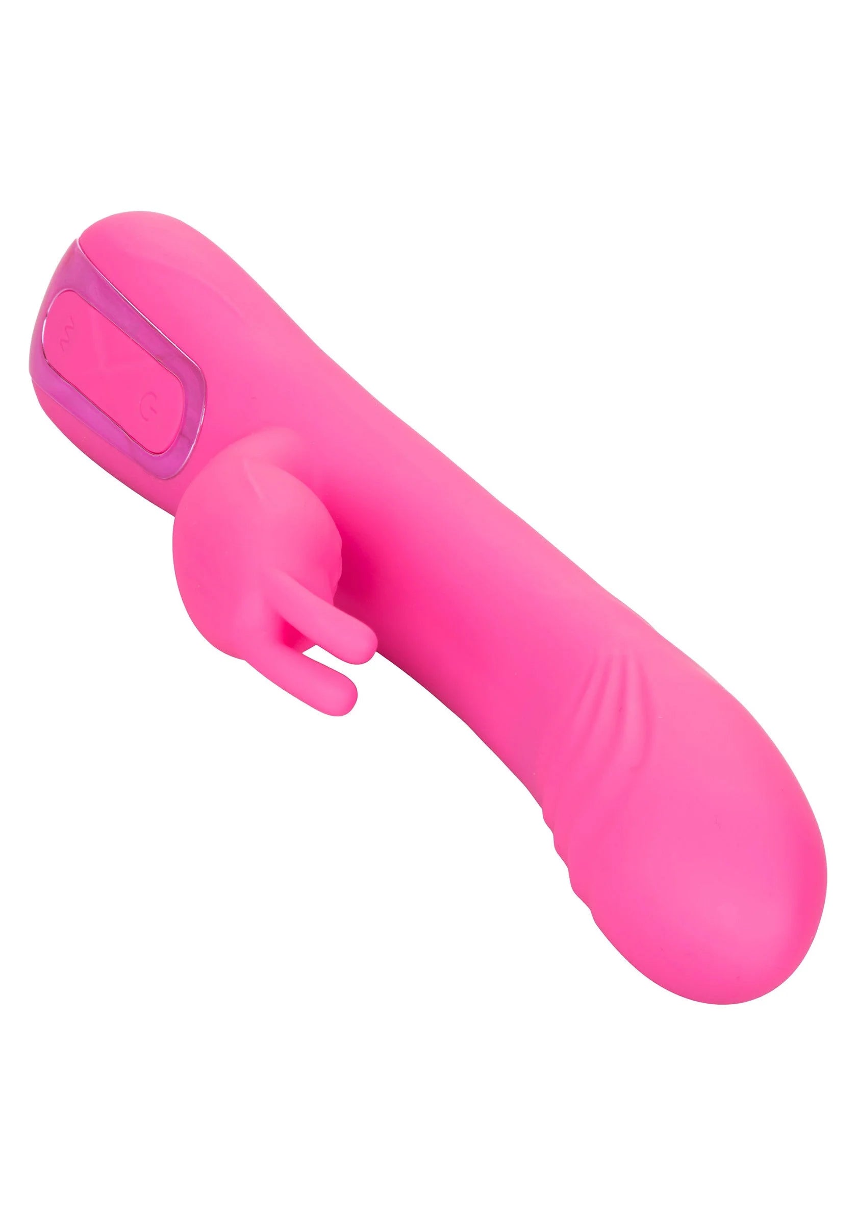Roze rocking rabbit vibrator, zijaanzicht met gebogen kop en trillingsgedeelte