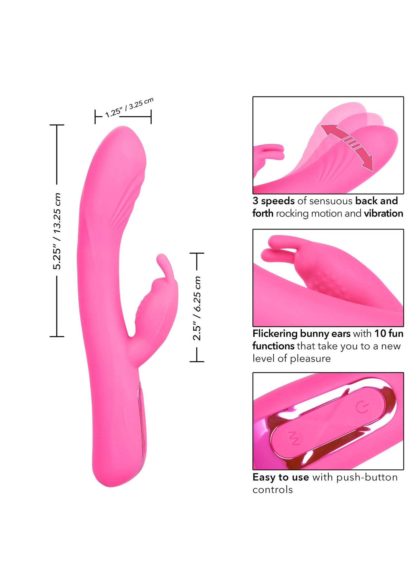 Roze siliconen rabbit-massager met opzetstukken en afmetingen
