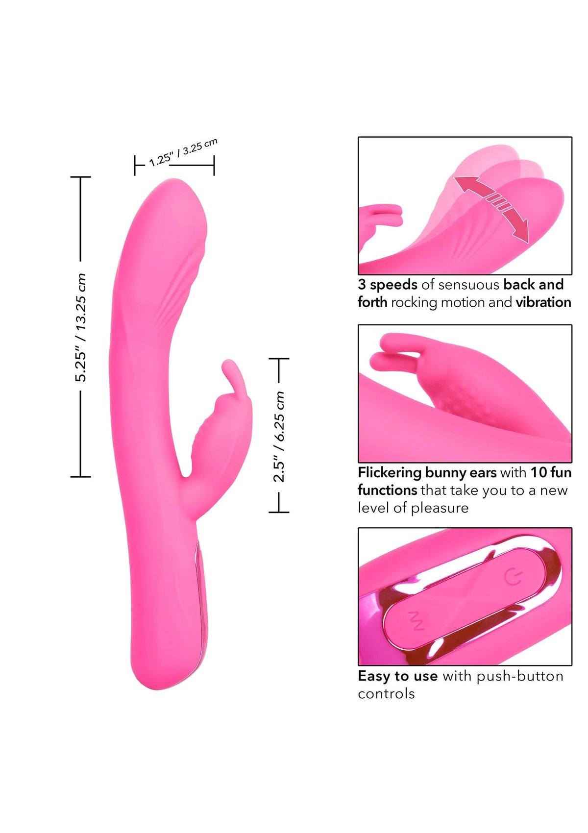 Roze siliconen rabbit-massager met opzetstukken en afmetingen