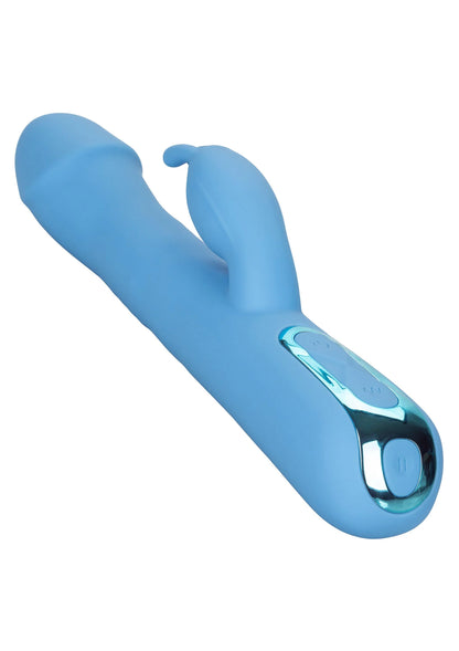 Blauwe rabbit-vibrator met glanzende bedieningsknop en ovale lichtlens