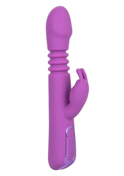 Paarse jackrabbit-vibrator met ribbelhandgreep en zijwaartse vibroklopper