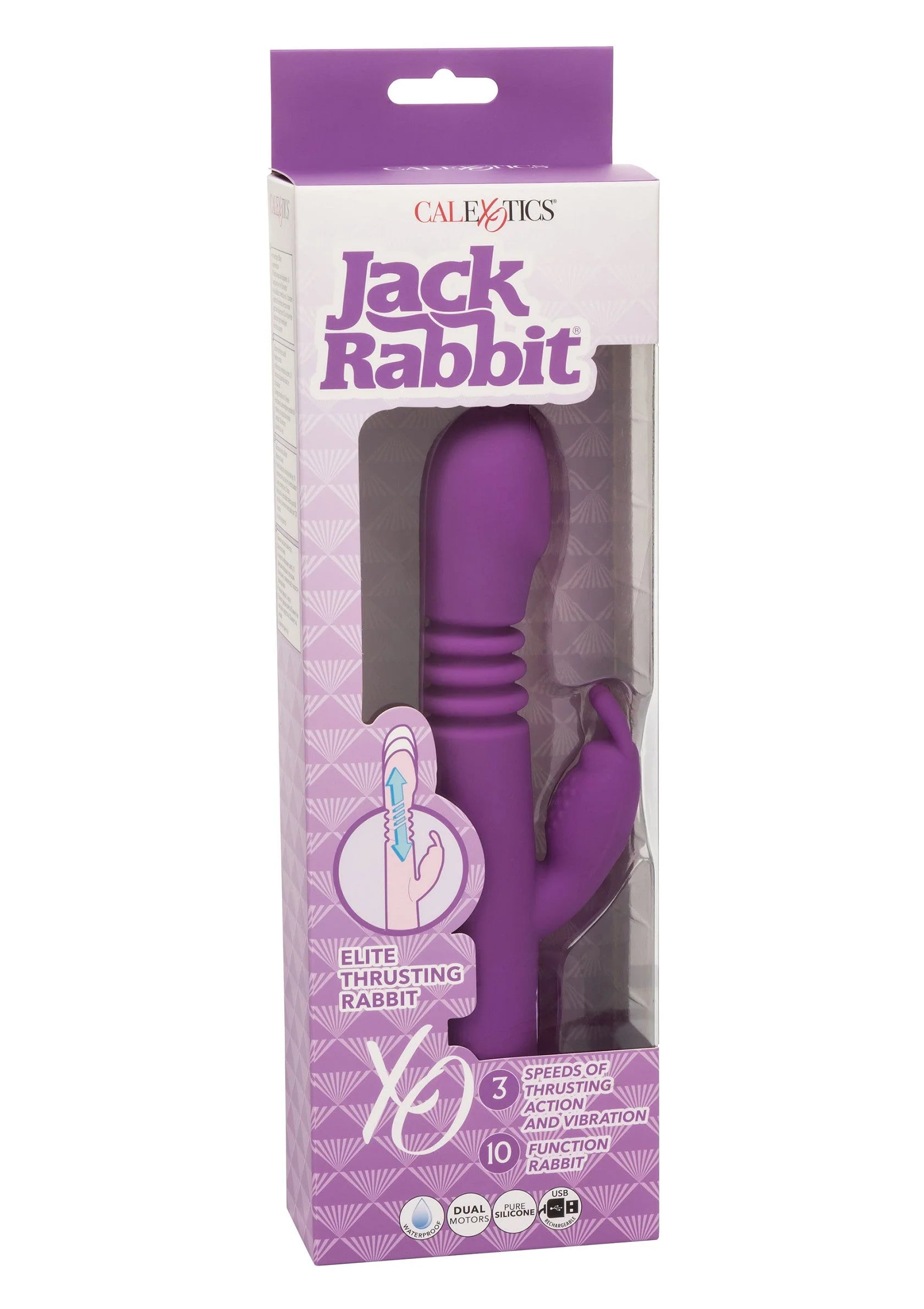CalExotics Jack Rabbit verpakking met paarse vibrator en opdruk “Elite Thrusting”