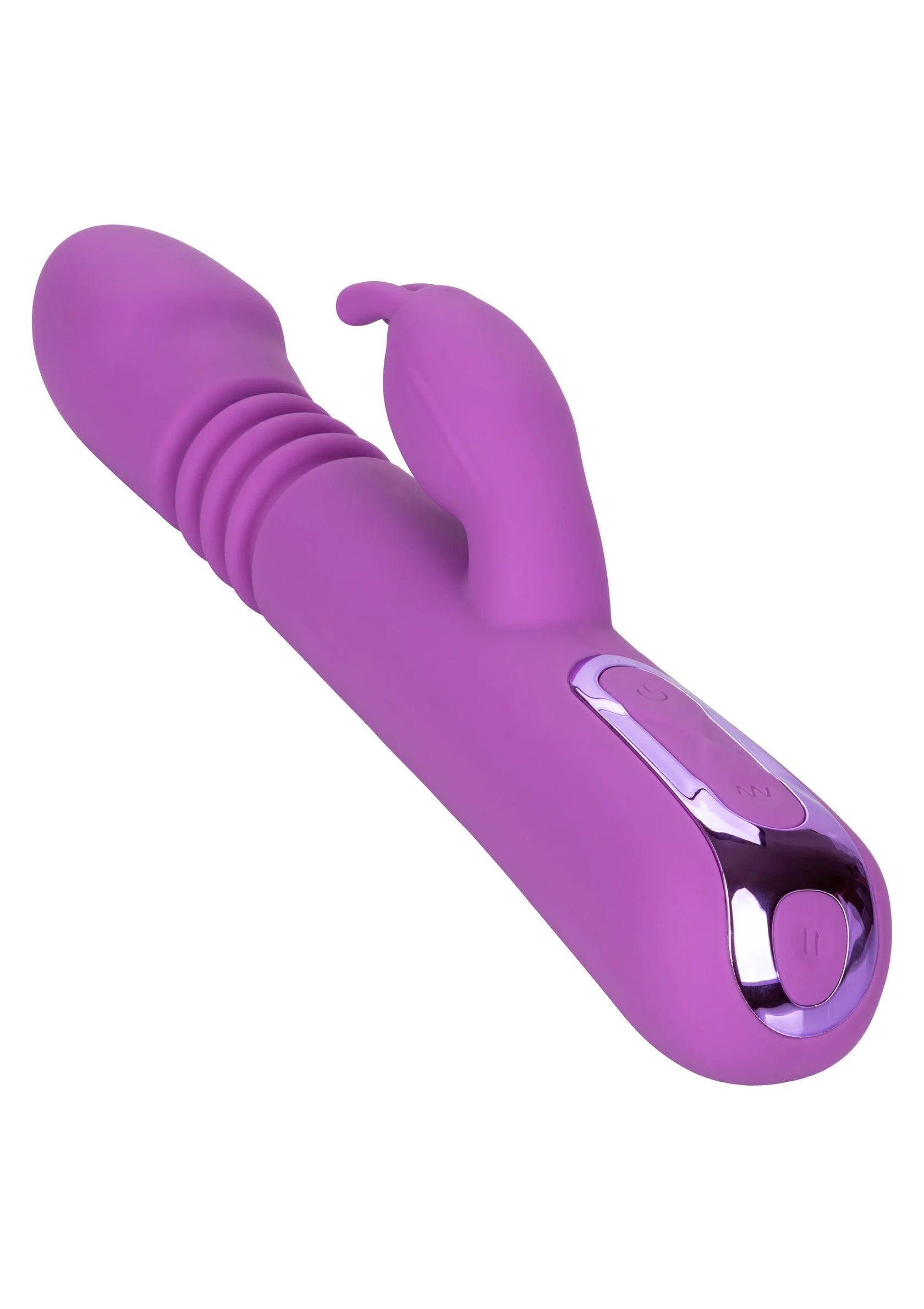 Paarse jackrabbit-vibrator met ribbelgrip en ovale startknop aan de zijkant