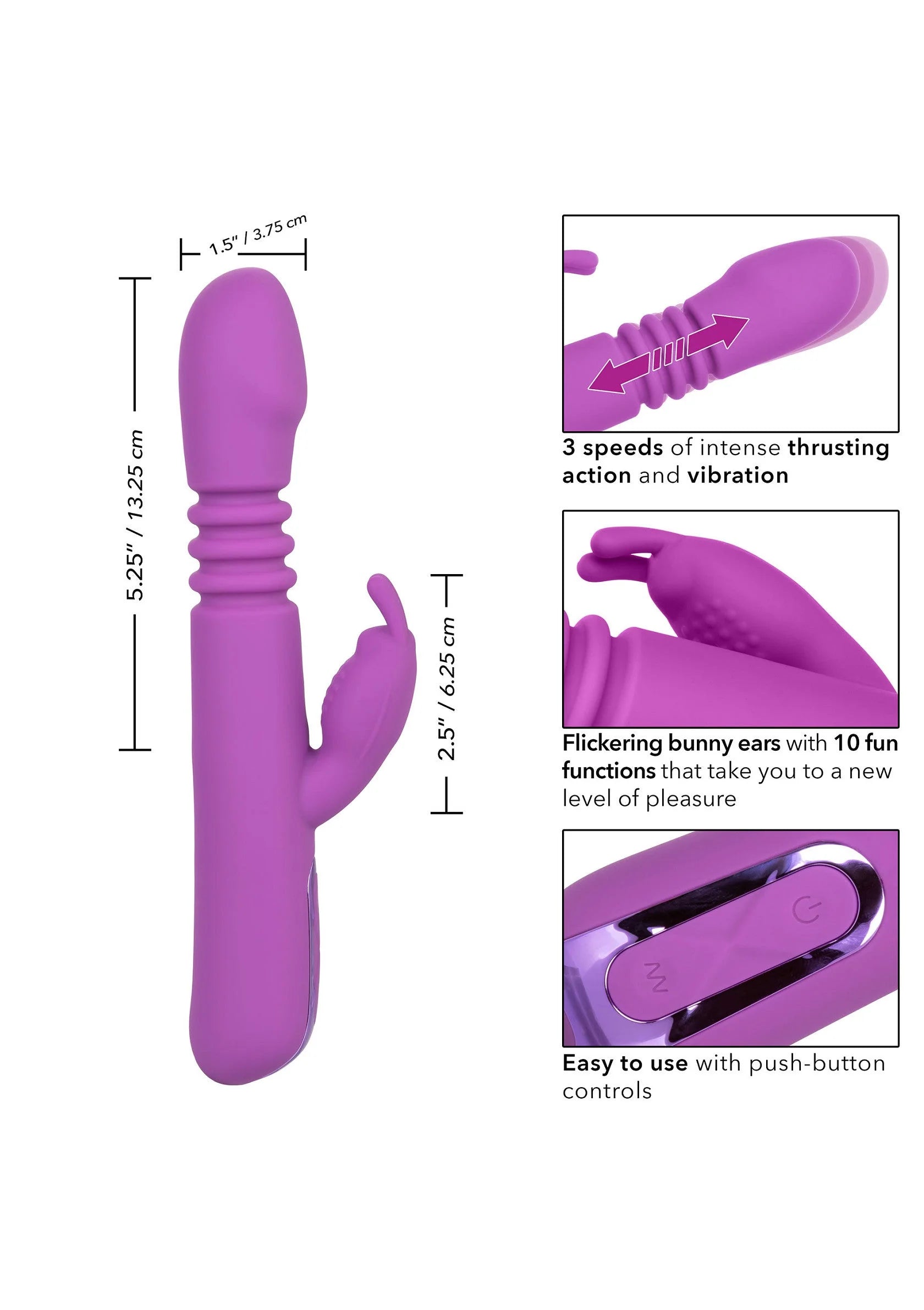 Paarse jackrabbit-vibrator met afmetingen en illustraties van 3 intensiteitsstanden
