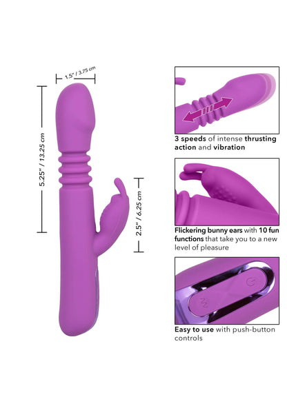 Paarse jackrabbit-vibrator met afmetingen en illustraties van 3 intensiteitsstanden