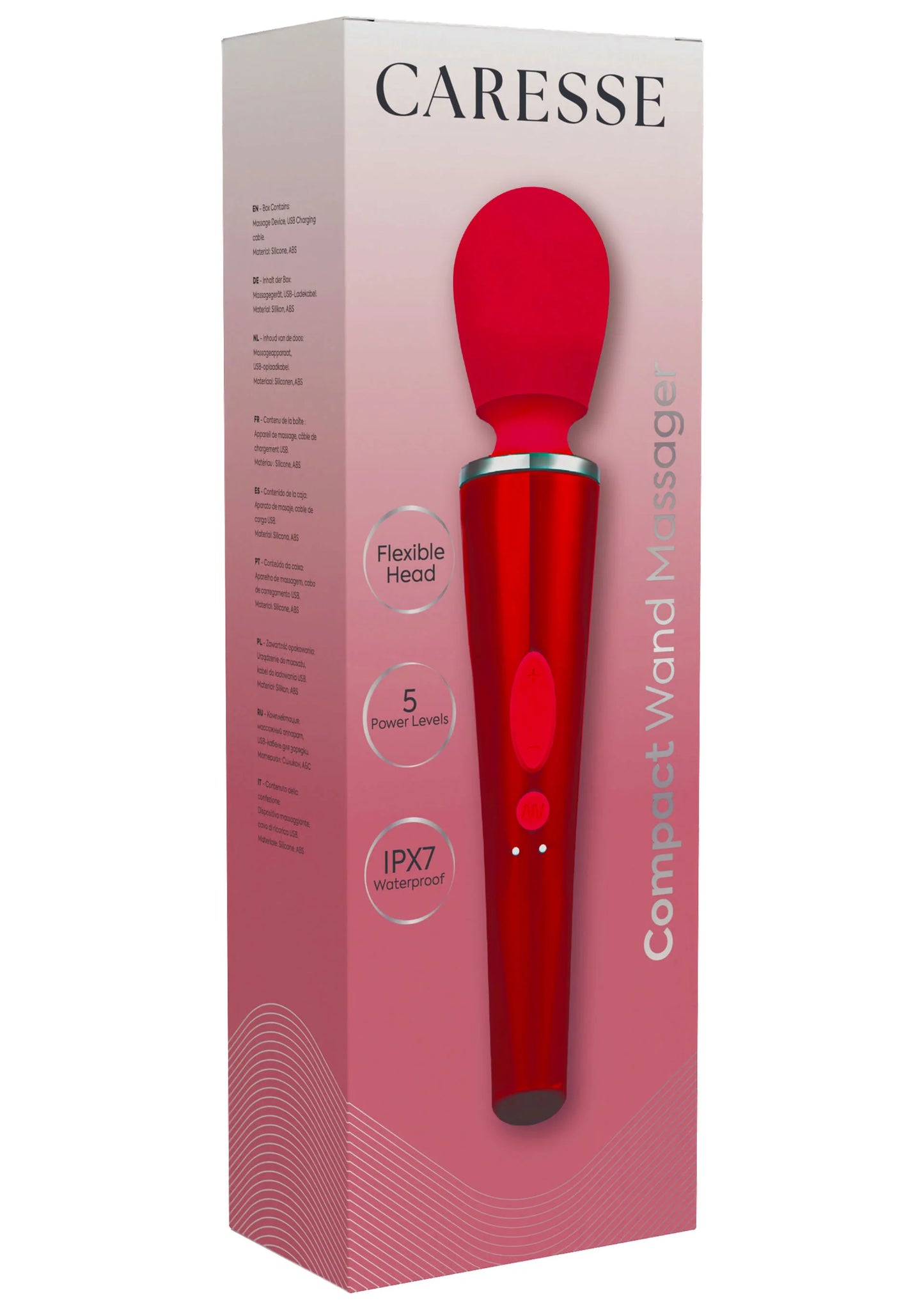 Compacte wandmassager Caresse rood in verpakking met flexibele opzetkop