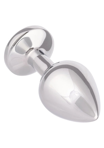 Zilverkleurige metalen analplug met brede flens en afgeronde ovale vorm