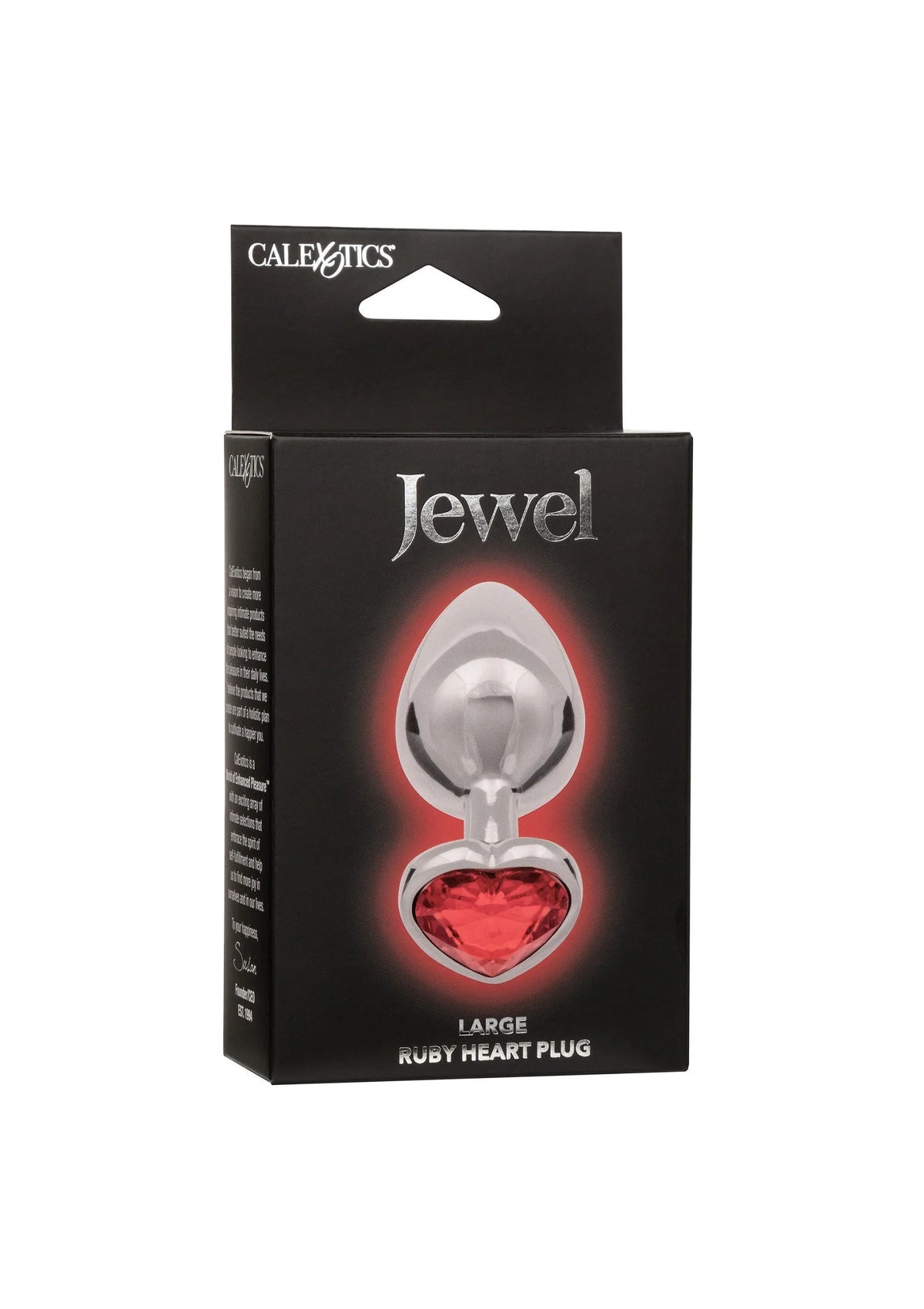 Jewel anale plug met grote rode hartsteen en glanzende metalen behuizing.