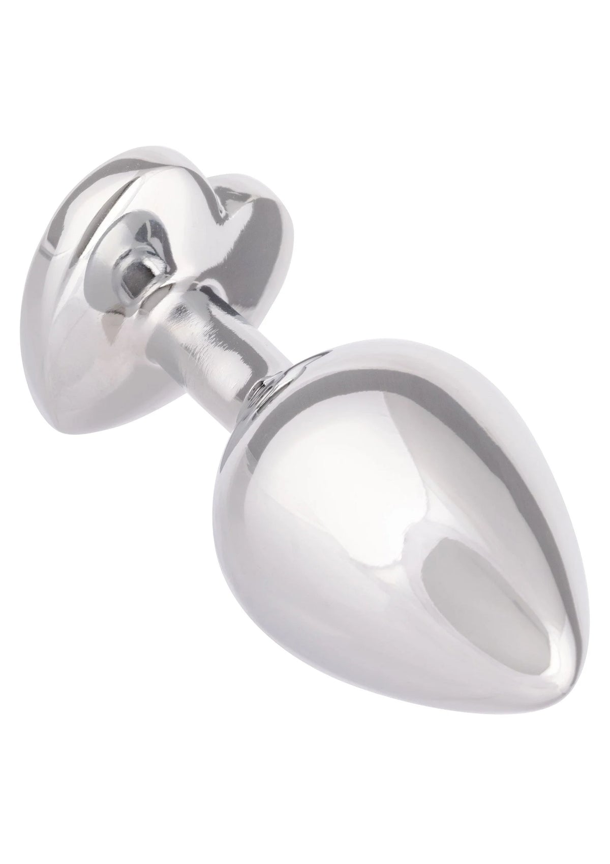 Glanzende metalen anale plug met ronde schijfvoet en taps toelopende vorm.