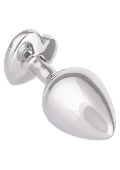 Glanzende metalen anale plug met ronde schijfvoet en taps toelopende vorm.