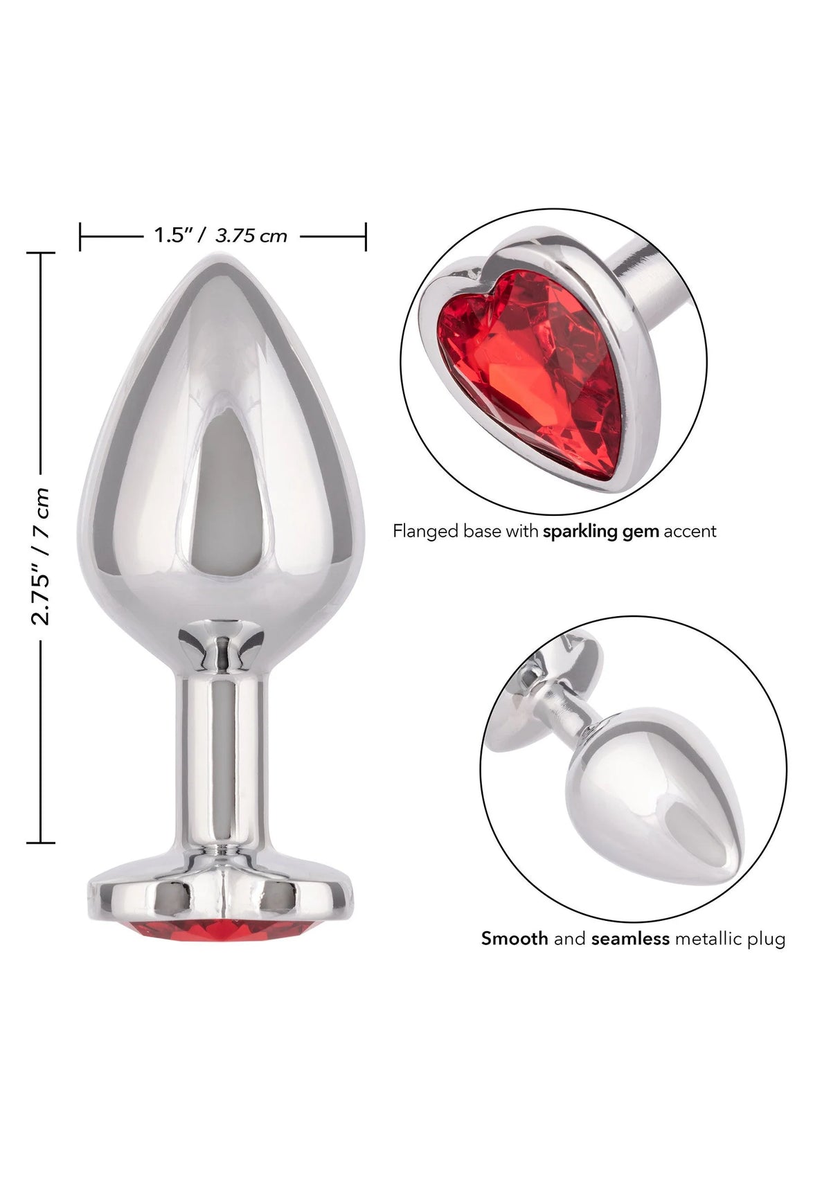 Glanzende metalen anale plug met brede voet en rode hartvormige inzet.