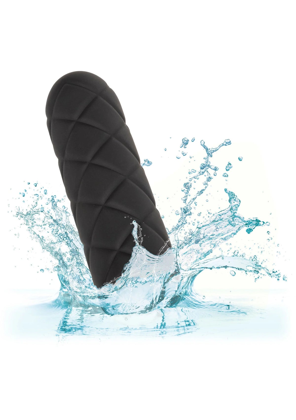 Zwarte gestikte mini-vibrator met waterdruppels rond de kop