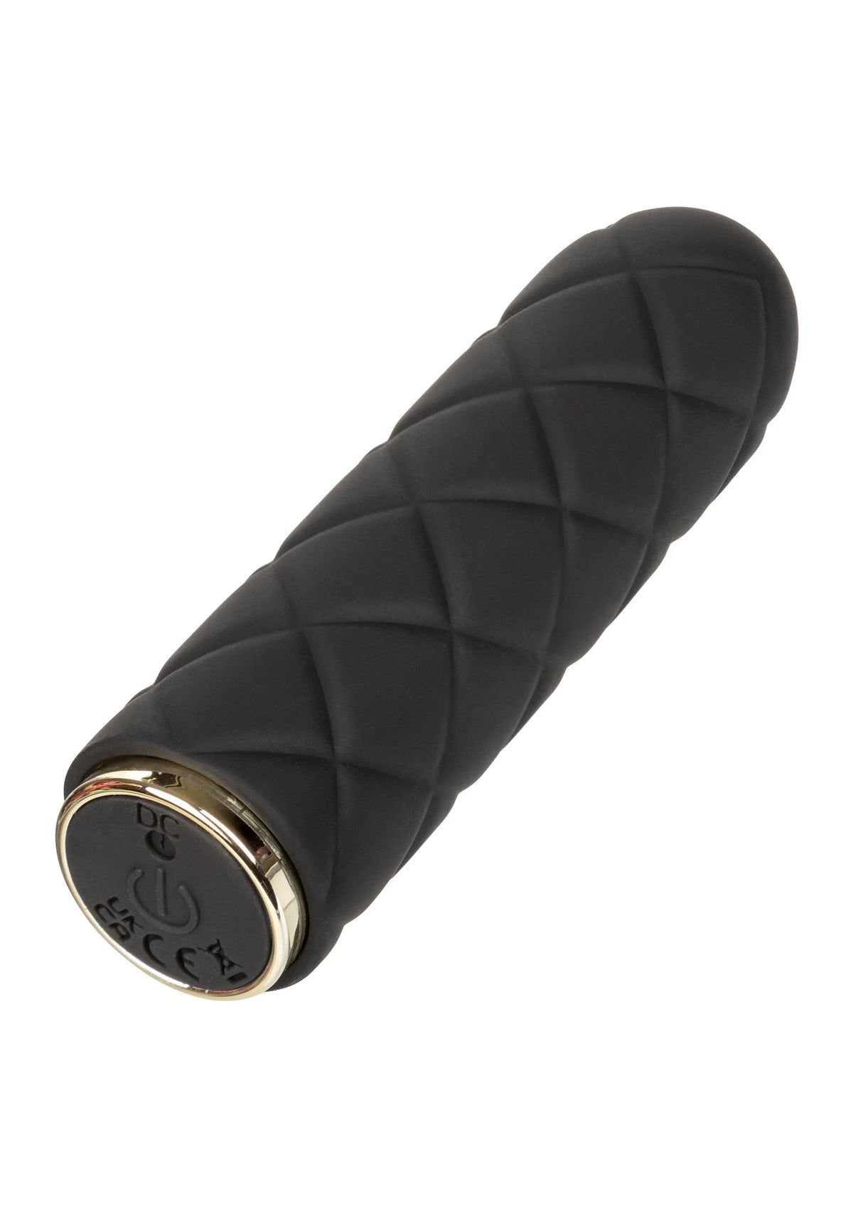 Zwarte gestikte mini-vibrator met metalen onderring en ronde kop
