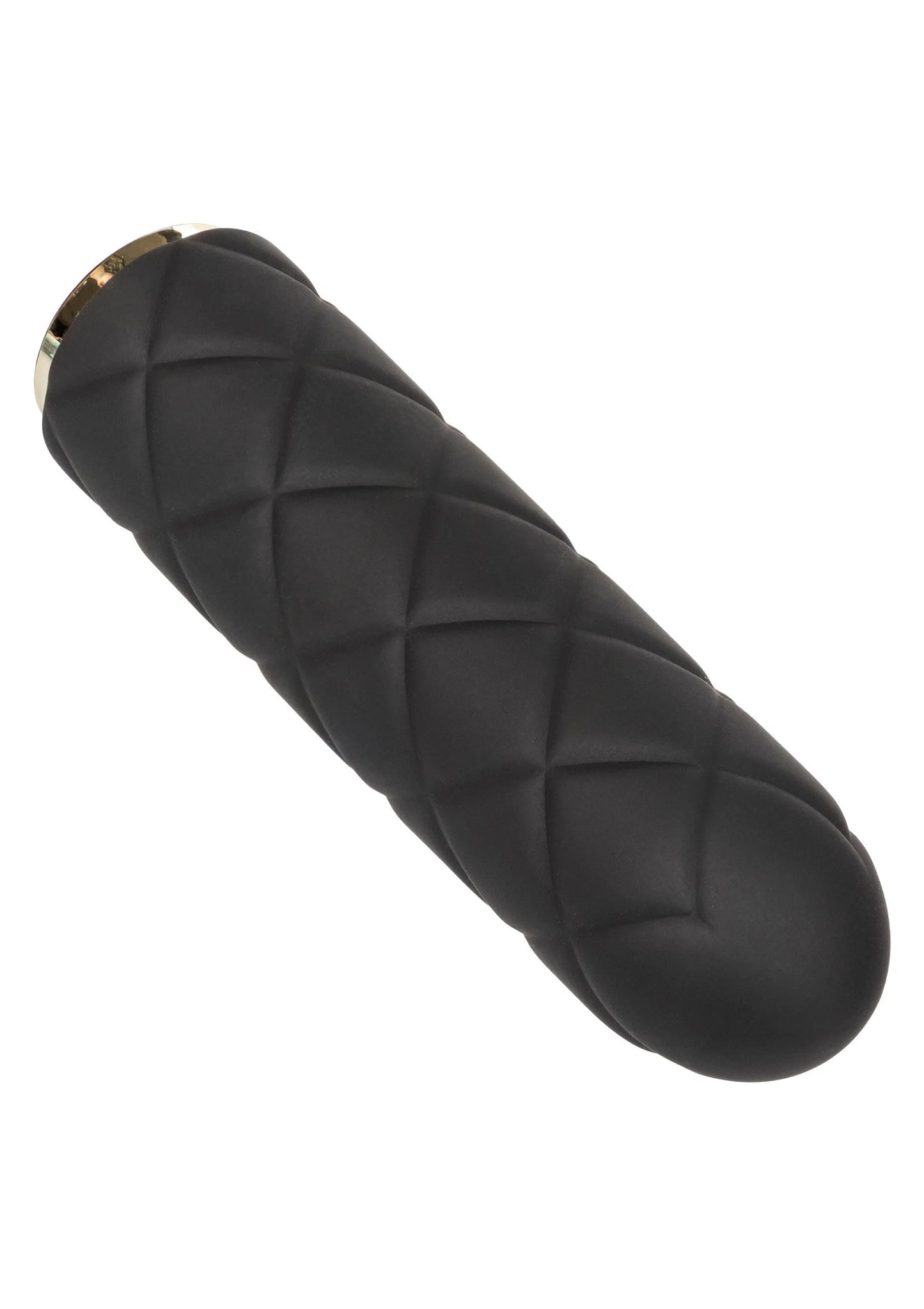 Zwarte gestikte mini-vibrator, schuin zijaanzicht met metalen uiteinde