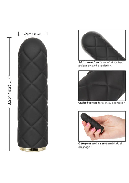 Zwarte gestikte mini-vibrator met afmetingen en hand, compacte vorm