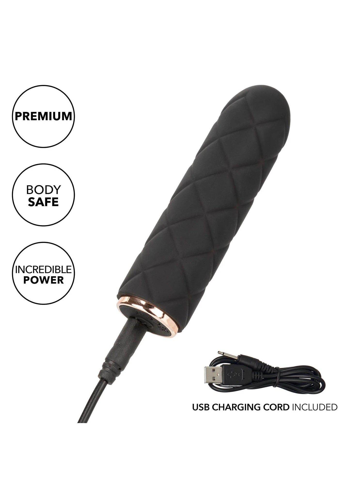 Zwarte gestikte mini-vibrator met USB-oplaadsnoer en ronde onderkant