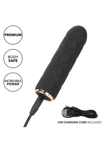 Zwarte gestikte mini-vibrator met USB-oplaadsnoer en ronde onderkant