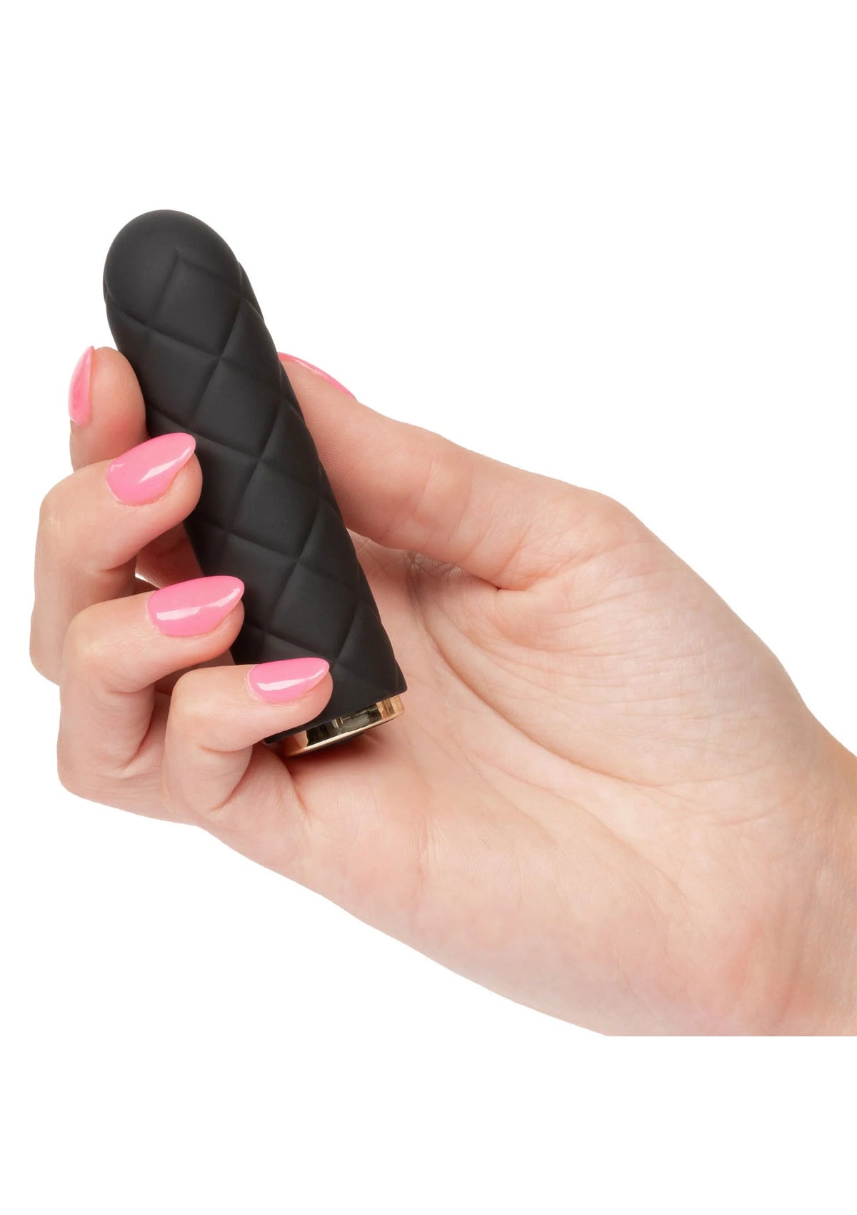 Zwarte gestikte mini-vibrator in hand met metalen onderrand