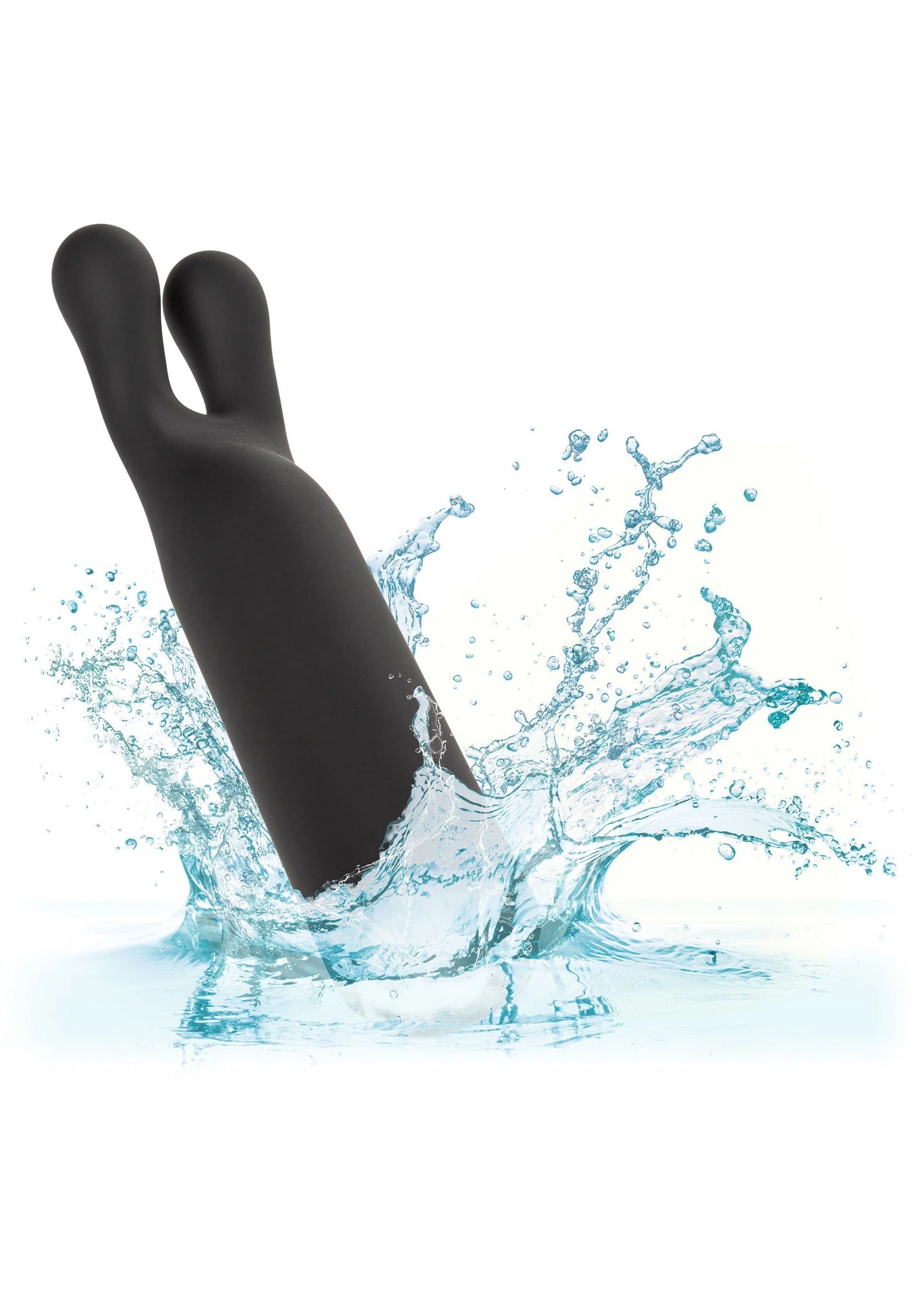 Zwarte V-vormige massager/vibrator met gespetterd water rond de kop