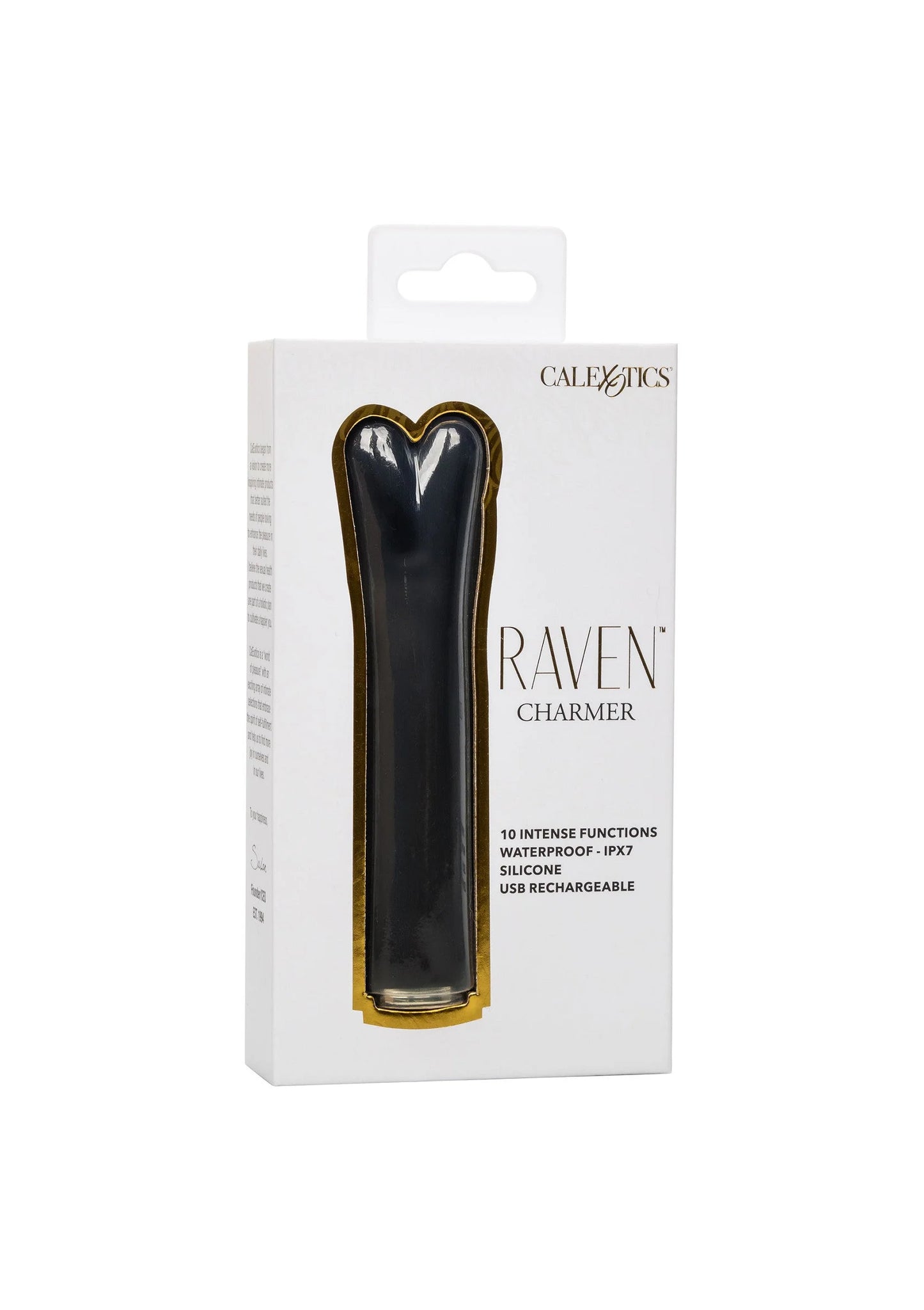 Verpakte CalExotics Raven Charmer vibrator met zwarte V-vormige kop in doos