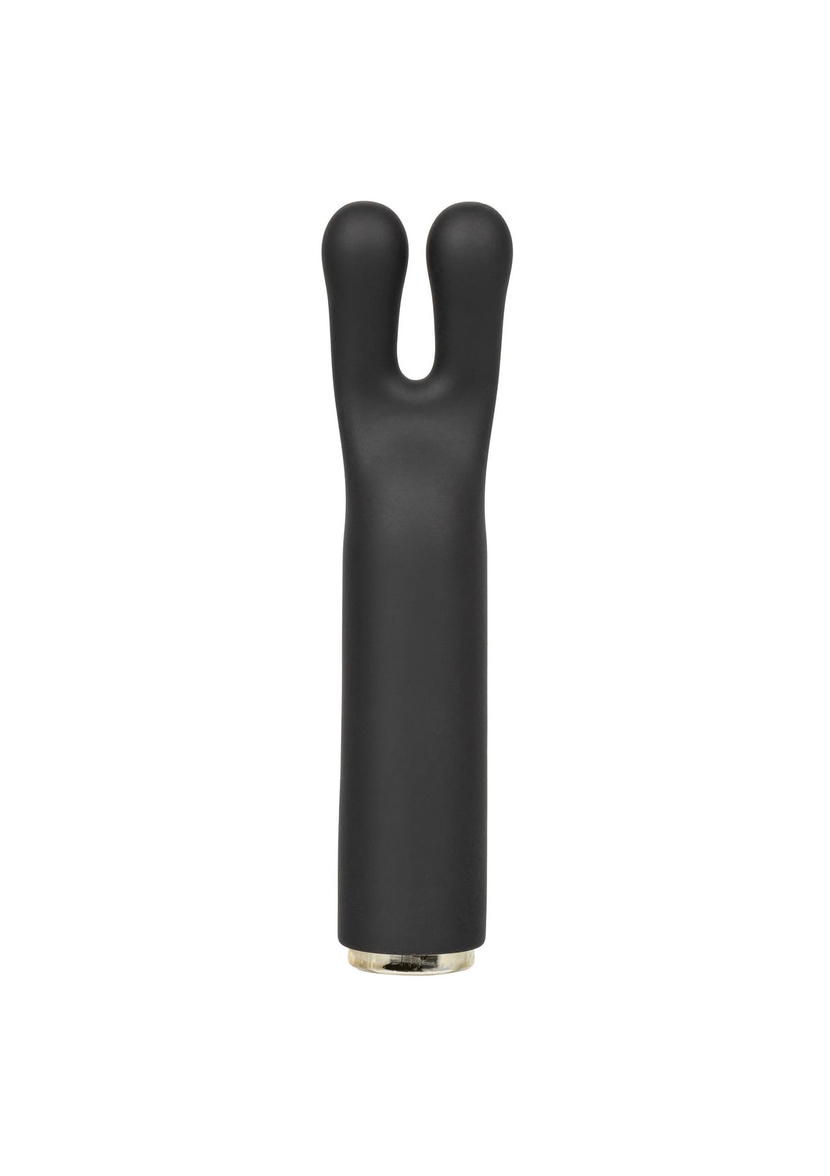 Zwarte V-vormige vibrator met glad oppervlak en metalen onderkant, frontaanzicht