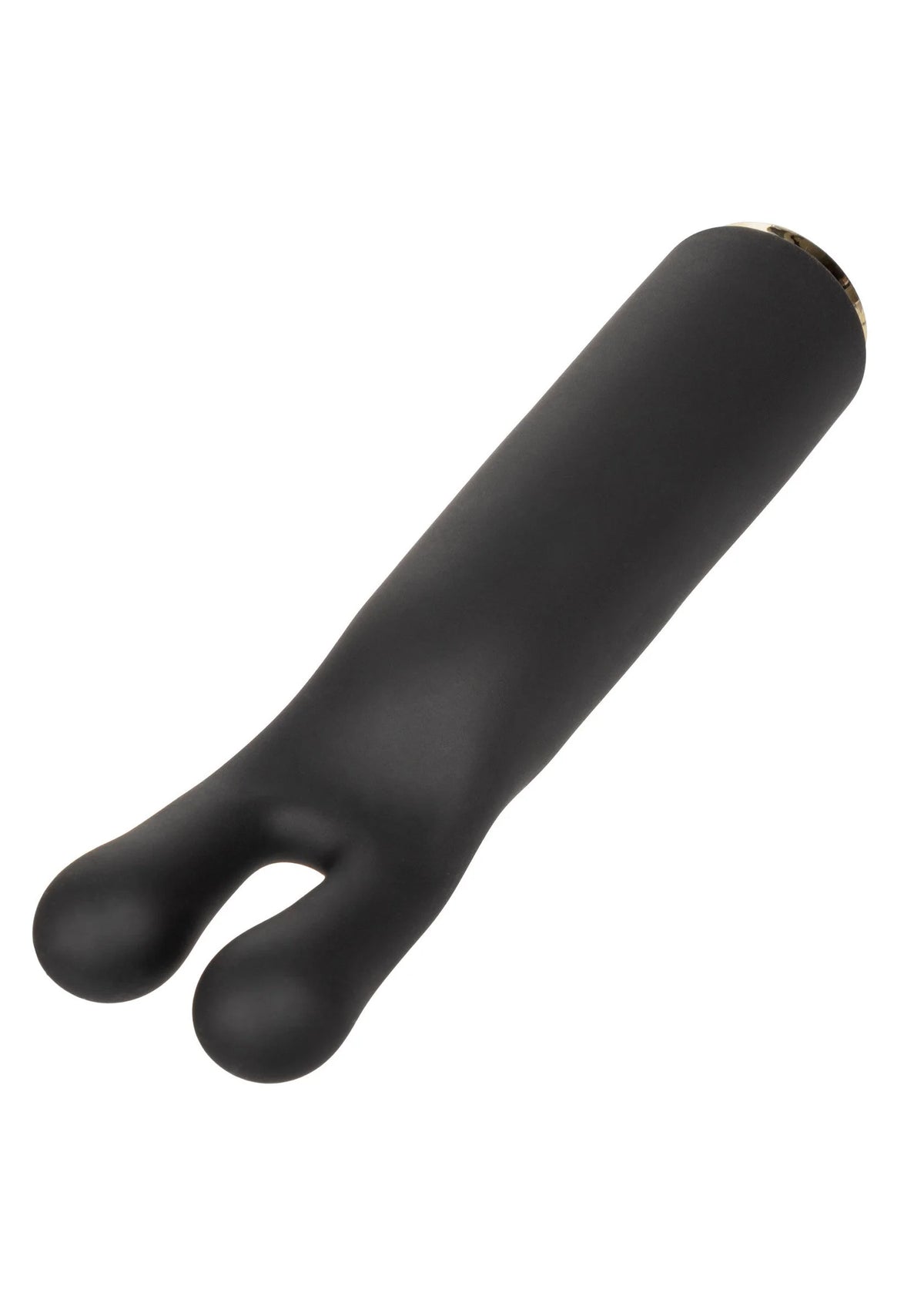 Zwarte V-vormige massager/vibrator in zijaanzicht met ronde openingen
