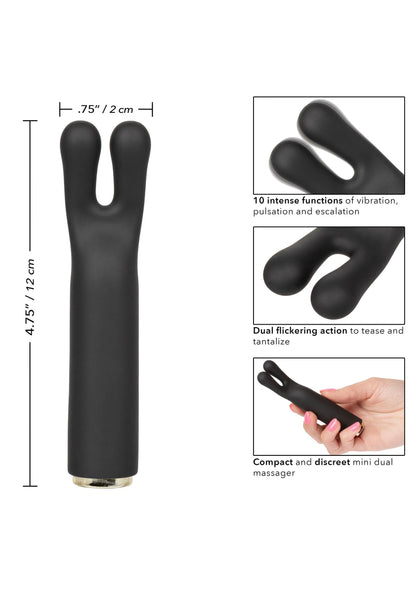 Zwarte dual-vibrator met Y-vormige kop, metalen basis en afmetingenillustratie