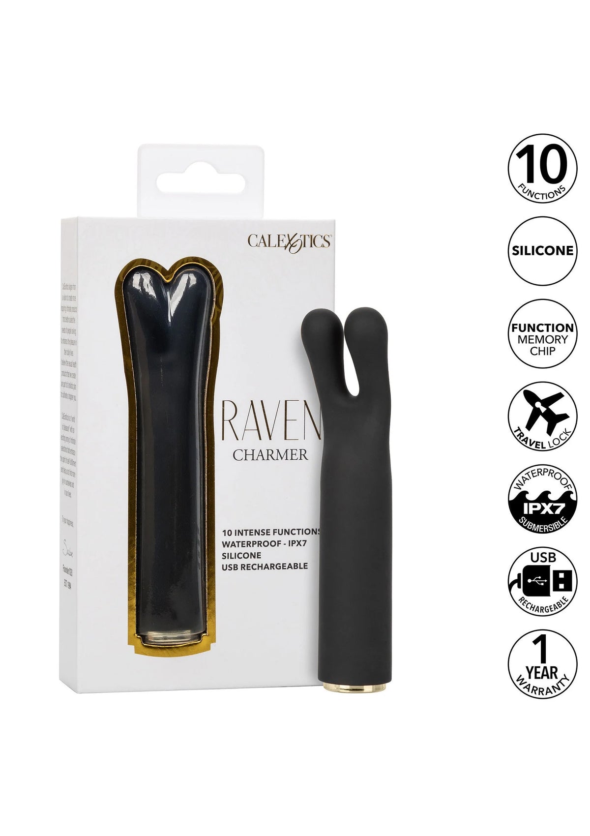 CalExotics Raven Charmer vibrator op verpakking met zwarte V-vormige unit