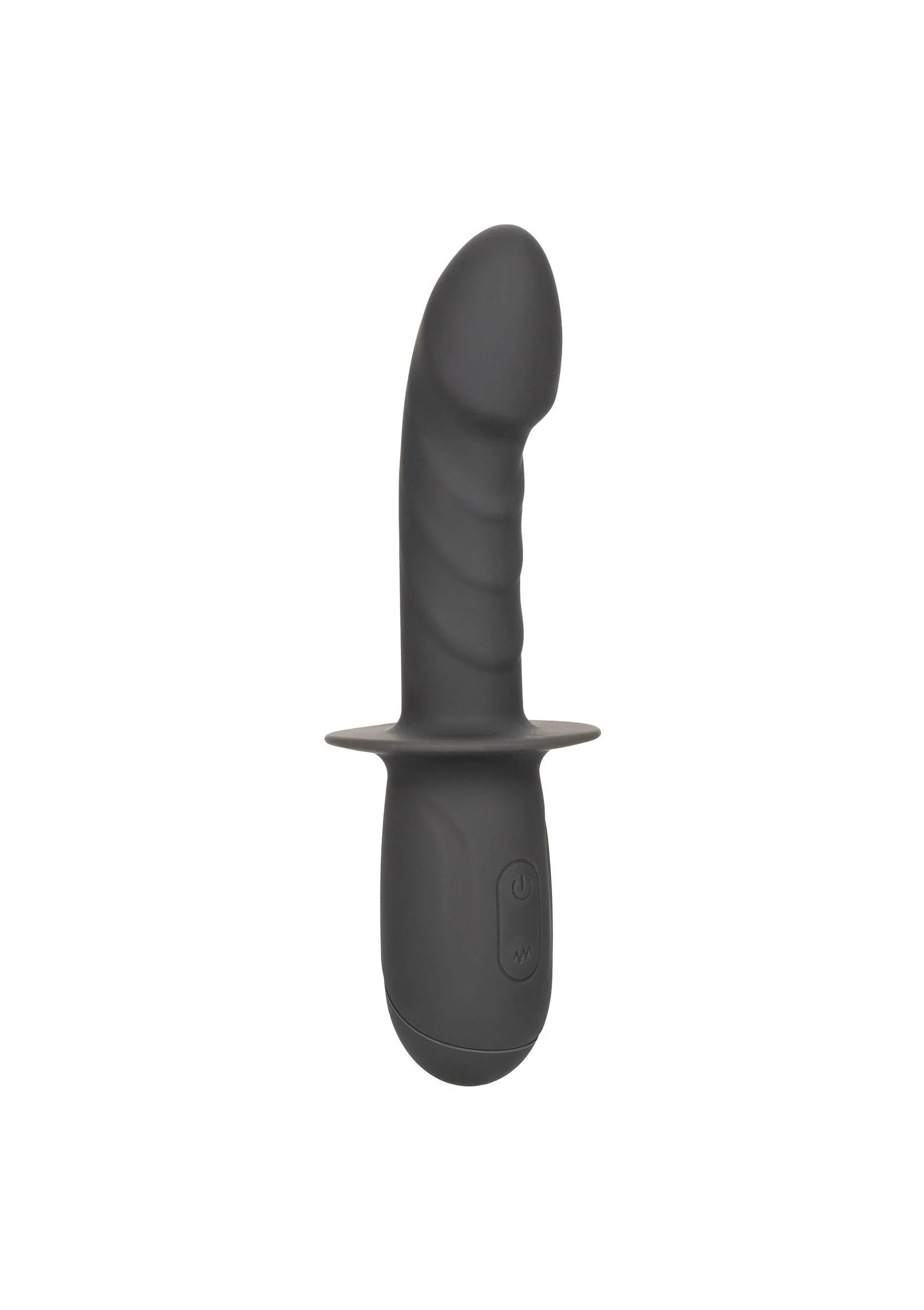 Zwarte siliconen vibrator met flens bij de basis, recht van voren.