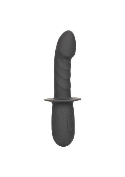 Zwarte siliconen vibrator met flens bij de basis, recht van voren.