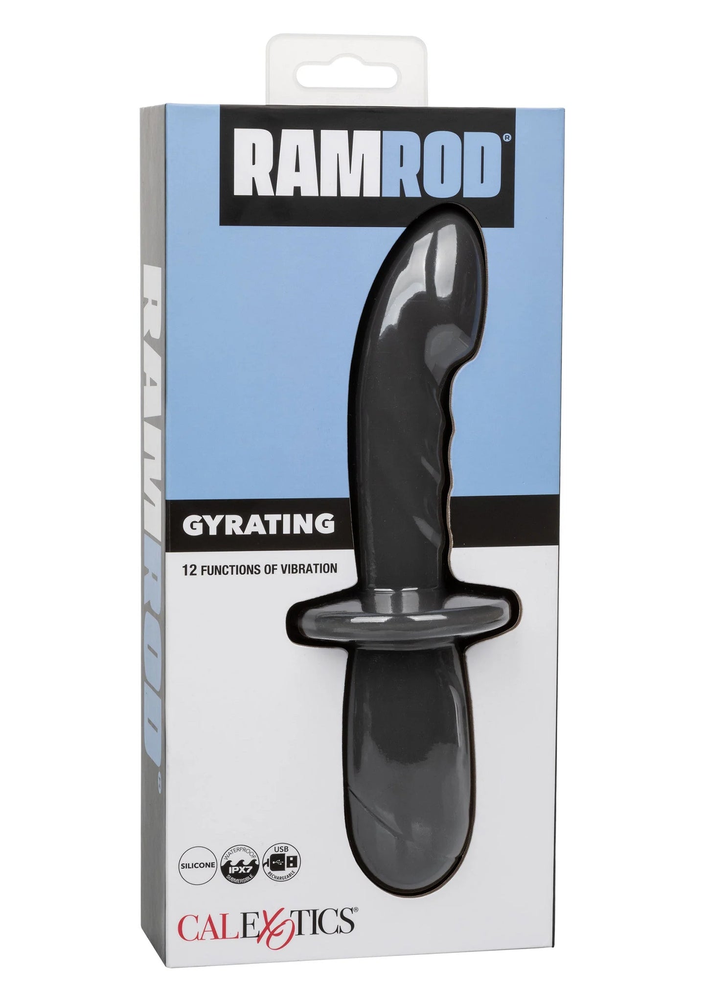 Verpakte CalExotics Ramrod gyrating vibrator, zwarte siliconen toy in doos.