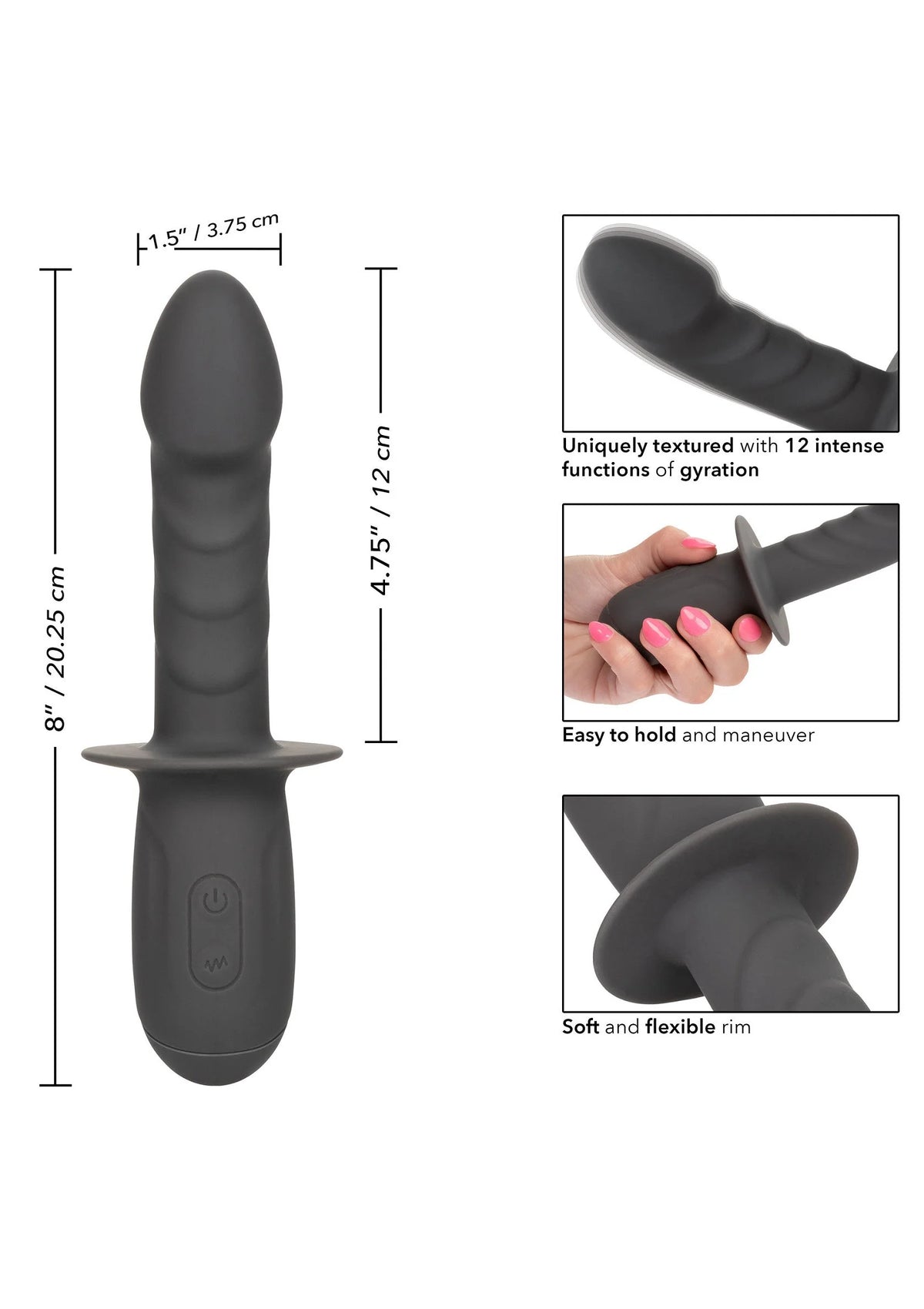 Zwarte siliconen vibrator met flens en afmetingen, met detailinzet van textuur.