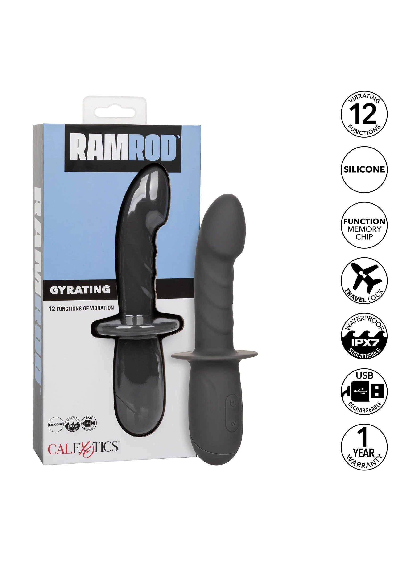 CalExotics Ramrod gyrating vibrator in verpakking, met keurmerkachtige rondjes rechts.