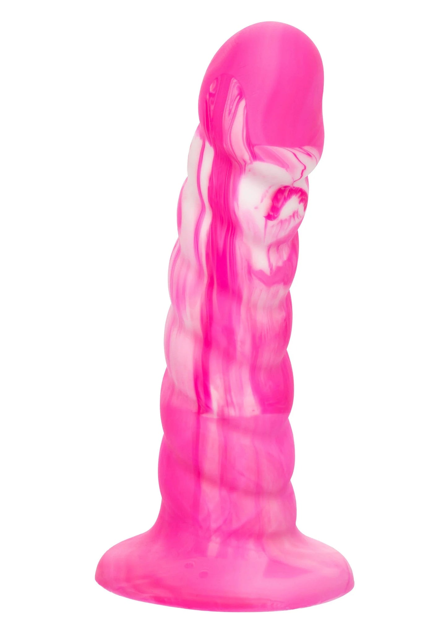 Roze twisted ribbed probe met zuignapbasis, vloeibare siliconen.