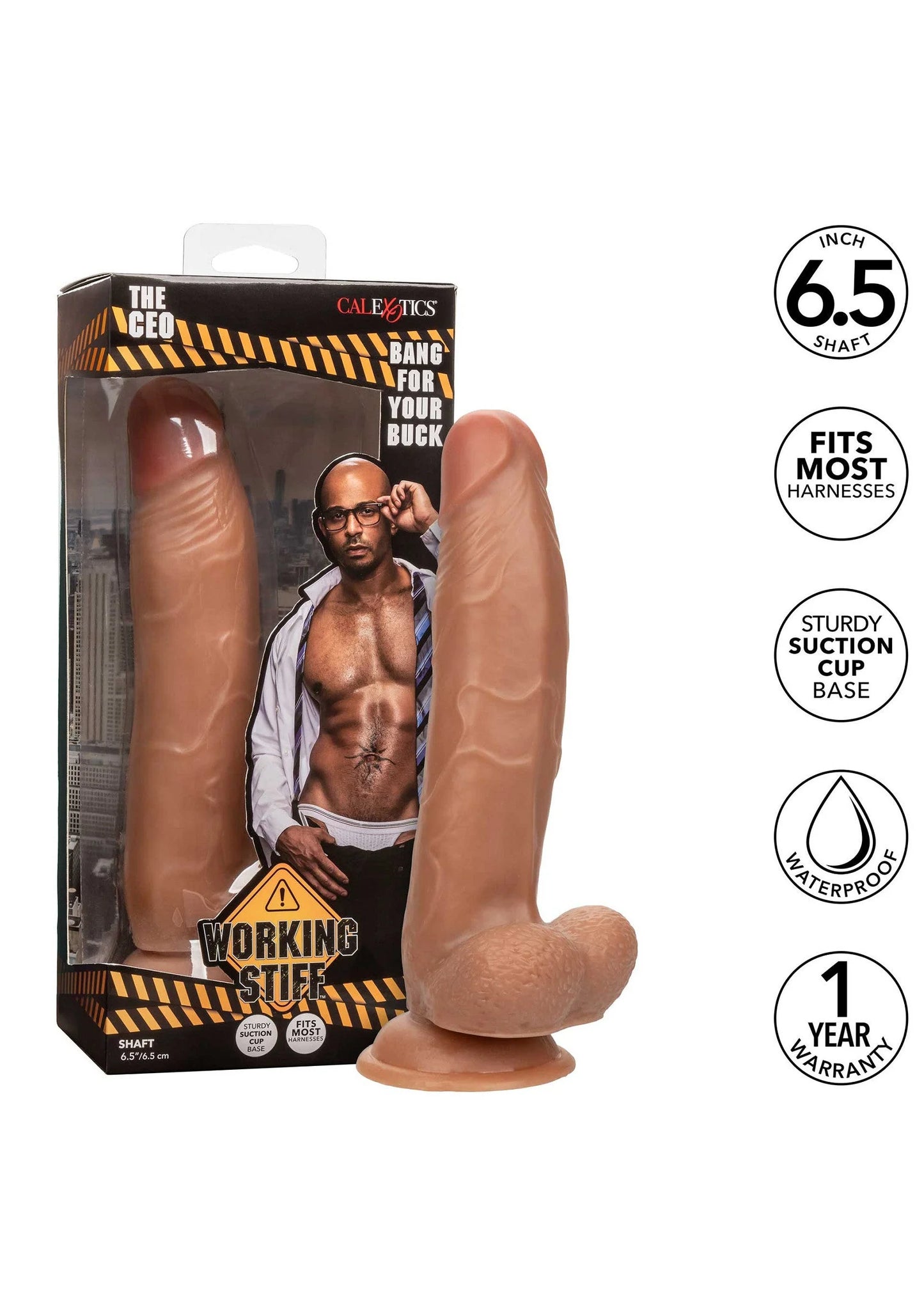 Bruine realistische dildo in verpakking met brede schijfvoet en ronde top