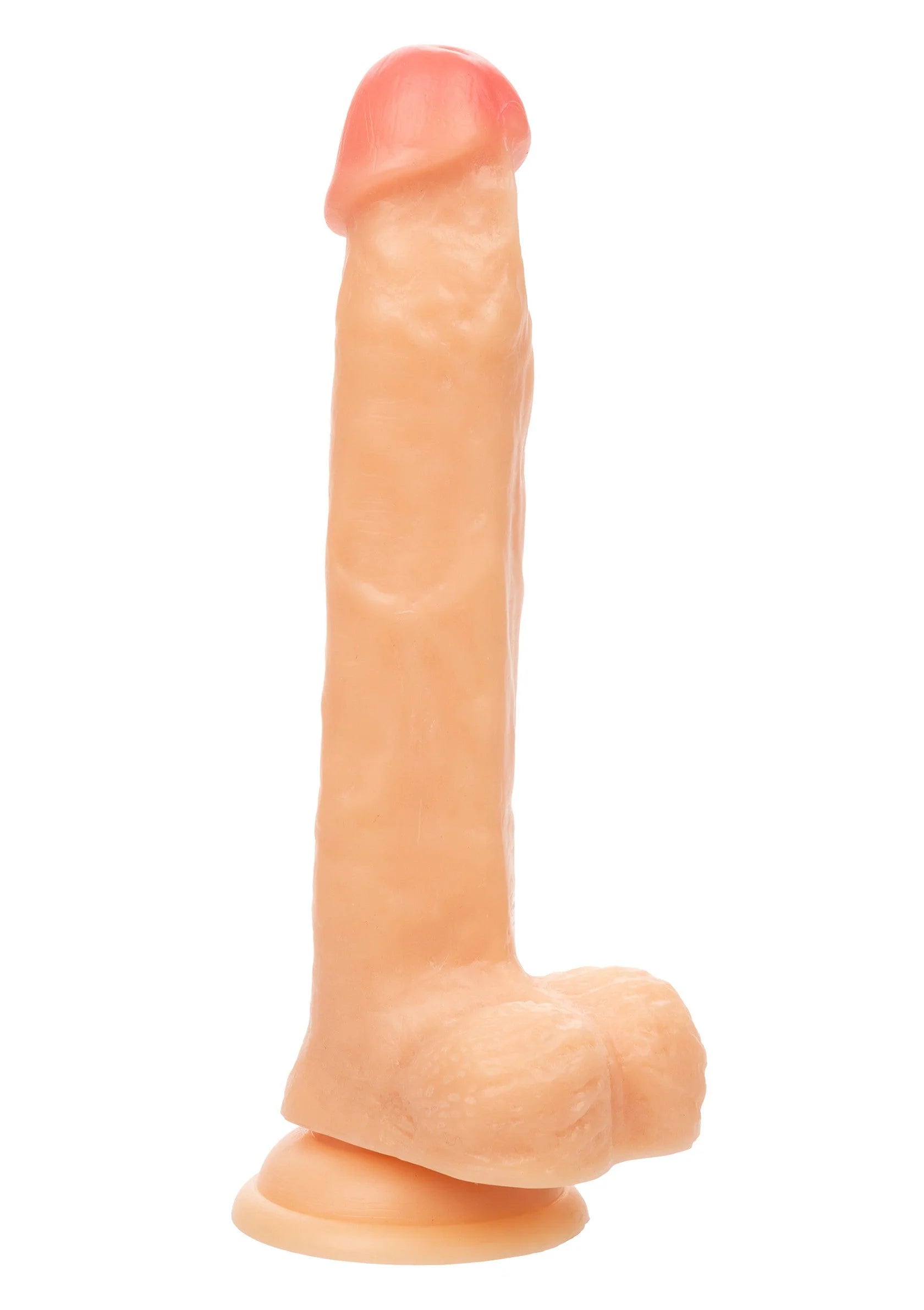 Dildo met ronde kop en brede basis, perzikroze, recht van voren gefotografeerd